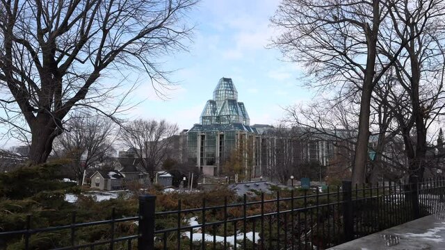 Time-lapse From Majors Hill Park Facing The National Gallery Of Canada. Late Fall Day, Snow On The Ground.