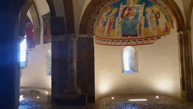 Frescoed chapels in crypt of San Giovanni in Venere, Italy. Panning