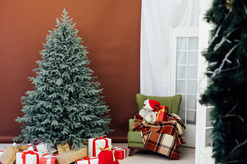 Red decor new year interior Christmas tree with gifts