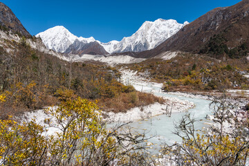 Himalaya mountains and stream water from melted glacier view from Bimthang village in Manaslu circuit trekking route in Nepal