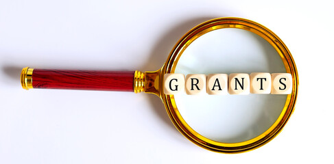 Wooden block with the text: GRANTS on a magnifying glass.