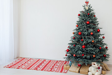 Red decor new year interior Christmas tree with gifts