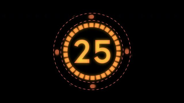 Thirty seconds to zero (30-0) futuristic digital countdown timer with rotating circles, no background     