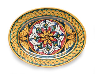 Decorated Plate Top View – Hand-Painted Traditional Italian Ceramic from Caltagirone, Sicily – Isolated on White Background