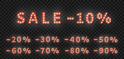 Sale marquee numbers template. 3d vector set of light bulb numbers. Promotion sale price set