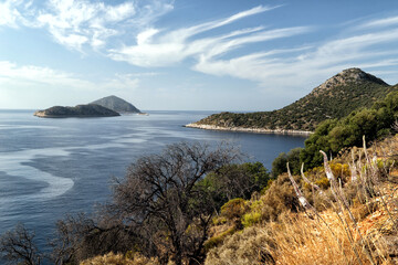 View of the bays of the Mediterranean Sea from the Lycian Way in Turkey.