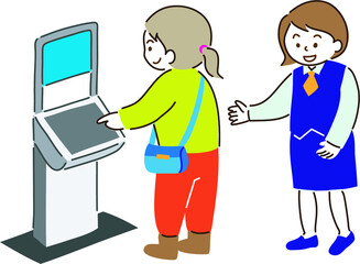 自動受付機のタッチパネルを使う人と受付を案内する人