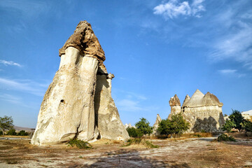 Unusually shaped cliffs of volcanic origin in the Pashabag Valley in the Cappadocia region in Turkey.