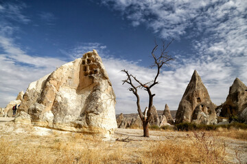 Unusual volcanic rocks in the Valley of Swords (Kilihlar) near the village of Goreme in the Cappadocia region of Turkey.