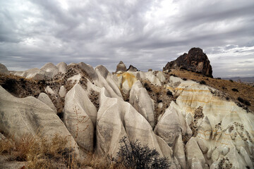 Unusual volcanic rocks in the Valley of Swords (Kilihlar) near the village of Goreme in the Cappadocia region of Turkey.