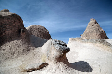 Unusually shaped cliffs of volcanic origin in the Dervent Valley in the Cappadocia region in Turkey.