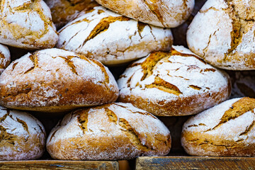 Many rustic fresh bread loaves