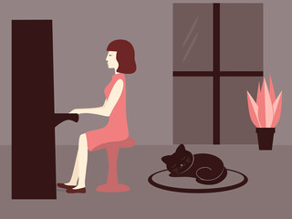 Woman play piano in the evening. Cat listens music. Vector illustration
