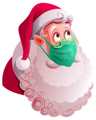 Santa claus in green medical mask is protected from covid 19