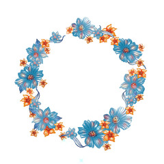 Round blue flower frame. Registration for the festive design of the website, banner, invitation, instagram