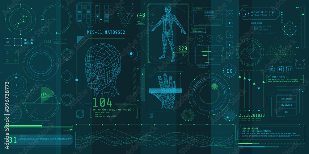 Wall mural a set of thin elements on the topic of bio scanning.