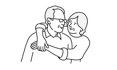 Elderly woman hugs her husband.
