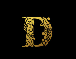 Golden Elegant letter D. Graceful Ornate style. Calligraphic beautiful logo. Vintage drawn emblem for book design, brand name, business card, Restaurant, Boutique, Hotel.