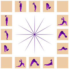 Salute to The Sun. Woman doing exercises. Set of yoga poses. Isolated vector illustration