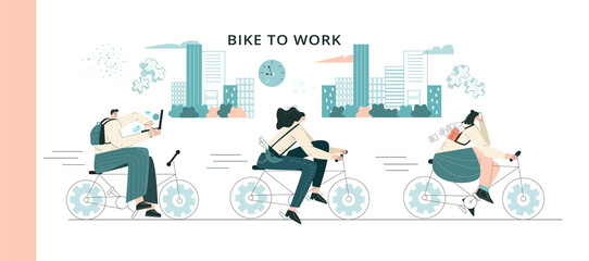 People cycling to work. Business person on bike. Urban character riding on bicycle. Employee commuting by bike. Cycle commute in the city.  Corporate bicyclists ride to job. Flat vector illustration 