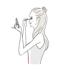 メイク中の女性　お化粧直し