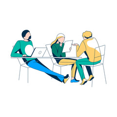 Business people meeting at the table. Creative team working together sitting at desk. Startup company, brainstorming, teamwork in coworking space concept vector illustration