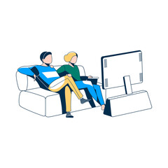 Family couple sitting on couch and watching tv. People relaxing at home and spending time together in living room vector illustration