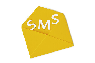 Yellow envelope with sms on white background - Concept of messaging