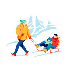 Father pulling sled with children sitting on it. Family in warm outfit spending time together and enjoying active recreation on winter holidays. Winter outdoor activities cartoon vector illustration
