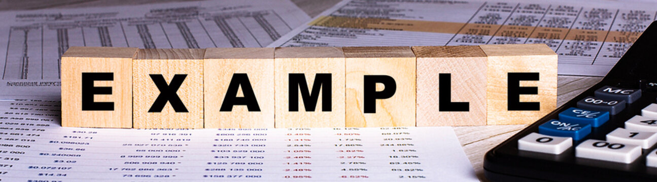 The word EXAMPLE is written on wooden cubes near the graphs and calculator.