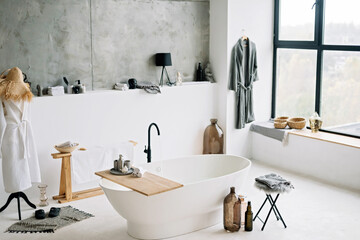 White modern bath in contemporary apartment with stylish loft style interior design, home decor. Soft selective focus.