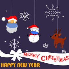 Merry Chirstmas and Happy New Year Greeting card or postcard with Santa Claus, Snowman,Deer wearing medical face mask.