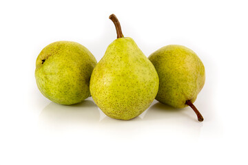 Three ripe pears isolated on white background. Still life picture taken in studio with soft-box.