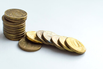 Russian ten ruble coins on white background