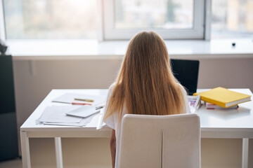 Female student sitting with her back to the camera