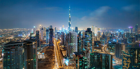  TOP OF DUBAI, UNITED ARAB EMIRATES - MARCH  View on modern center of Dubai with skyscrapers and busy evening traffic,Dubai,United Arab Emirates