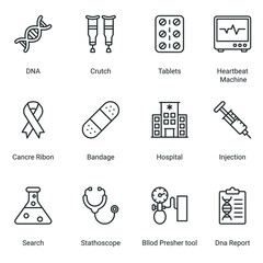 Modern thin line icons set of hospital and healthcare professionals and medical equipment. Simple symbols for app development and website design. Pack of stroke icons.