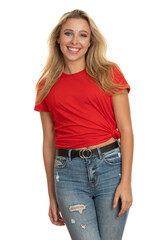 Portrait of a cute teenage girl in red tshirt over white