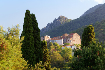 Village in Costa verde mountain.  Corsica island                       