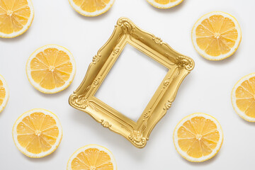 The frame with copy space is decorated with lemons. The concept of creative backgrounds