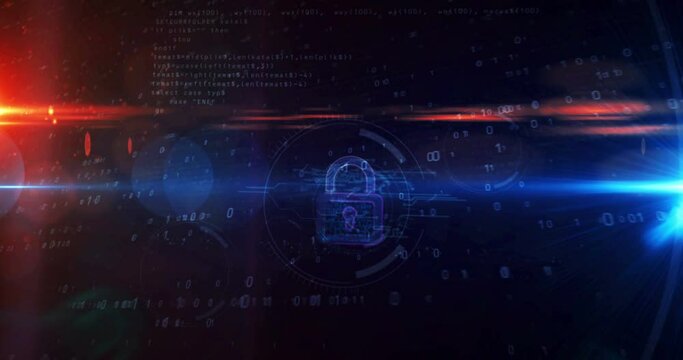 Cyber security concept with padlock symbol, computer protection and system safety icon loop. Futuristic abstract 3d rendering blue tunnel loopable and seamless animation.