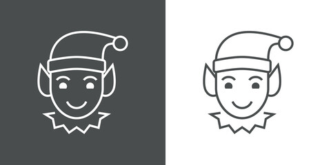 Tiempo de navidad. Logotipo cara de elfo asistente de Papá Noel con lineas en fondo gris y fondo blanco © teracreonte
