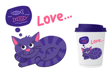 Cute pet cat is dreams of a fish. For printing on cup, t-shirts or Greeting card. Vector cartoon Illustration in flat.