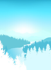 Vertical vector background. Winter morning in beautiful mountains with river. Abstract illustration mountains and dense forest down to the valley in the foreground. Mountain landscape. 