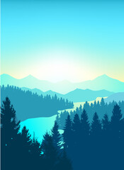 Vector background. Morning in beautiful mountains with river. Abstract illustration mountains and dense forest down to the valley in the foreground. Mountain landscape. 