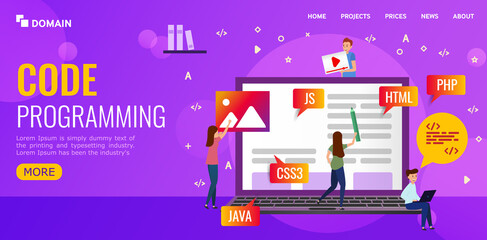 Concept for web page, banner, social media. The team writes code programming for the site. Website design development. Vector illustration in ultraviolet color.