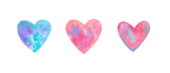 set of watercolor hearts pink blue red