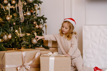 Obraz na płótnie Canvas Girl in Santa hat with Christmas gift