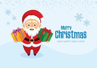 Merry Christmas and happy new year greeting card with Santa Claus in a snowy landscape vector. Cheerful Santa Claus holding gift box cartoon character. Happy Santa and gifts vector. Cute Santa vector