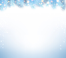 Frozen light blue spruce branches with sparkle lights.